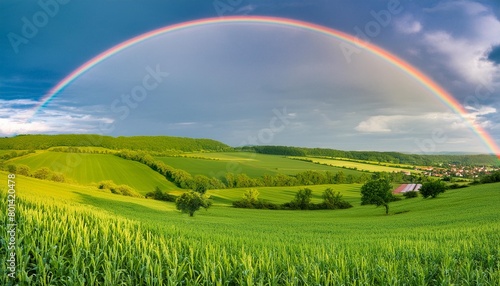 vibrant rainbow arc over lush green field