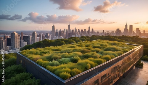 A modern building with a green roof covered in lush vegetation overlooking a city skyline at sunset photo