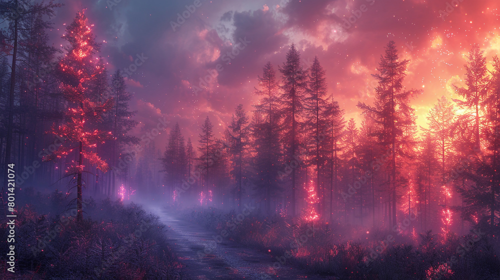 Wisps of ethereal mist drifting through a forest of neon trees.