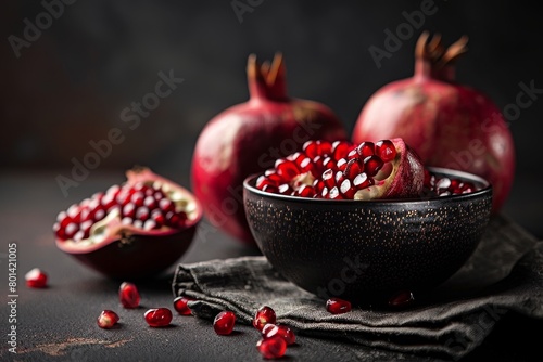 Broken open pomegranate and bowl with pomegranate seeds on dark background