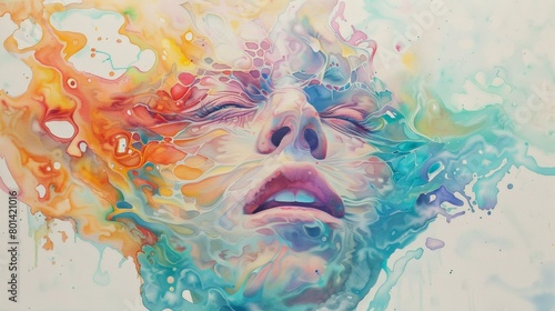 A highly detailed watercolor portrait of a person's face melting into a pool of vibrant colors, exploring themes of identity and transformation.