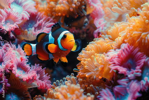Anemones and clownfish in an underwater scene, showcasing the colorful beauty of marine life. Created with Ai photo