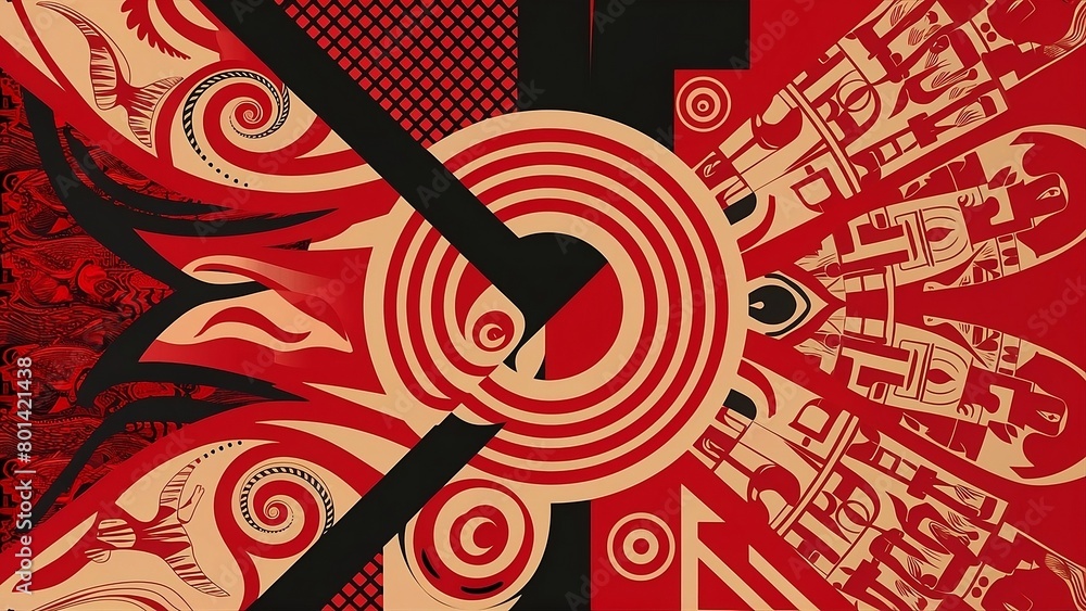 Abstract background with a mix of New Zealand Maori Art and Mexican Pre-Columbian Art, red, dark red and black colors.
