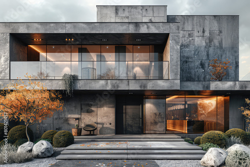 Modern house with a concrete facade  exterior view  architectural rendering  3D render  highly detailed and realistic. Created with Ai