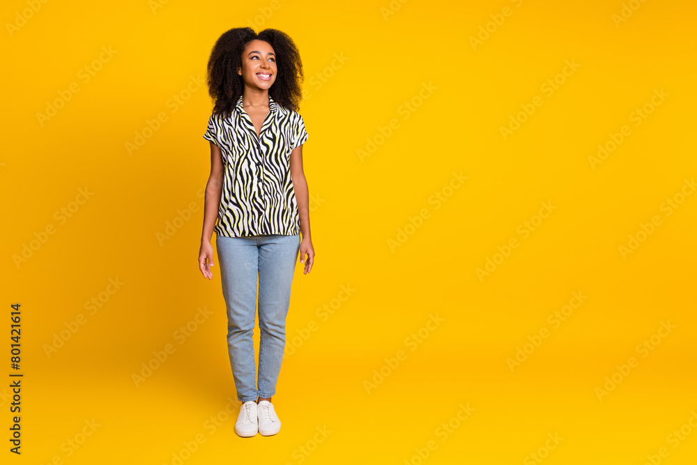 Portrait of glamour young charming woman curly hair in zebra print shirt and jeans look copyspace outfit isolated on yellow color background Portrait of glamour young charming woman curly hair in zebra print shirt and jeans look copyspace outfit isolated on yellow color background