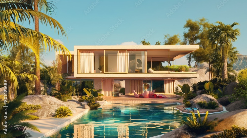 Modern house in a tropical setting with glass walls, a spacious balcony, and a swimming pool. The architecture highlights contemporary design, blending seamlessly with natural surroundings including p
