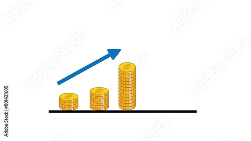graph with coins graph and money. Animated Illustration of Statistic Curve with Arrow Growing Up showing money Profit growth on Good Business. Suitable to place on business and finance content.

