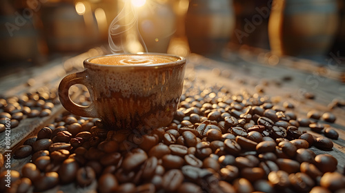 Aromatic Dark Espresso Beverage in a Cup Surrounded by Roasted Coffee Beans on a Rustic Wood Surface