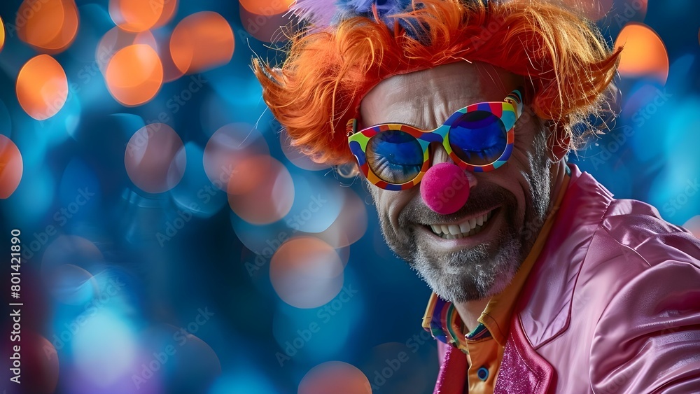 Adult man in pink party suit clown wig funky sunglasses dancing. Concept Photography, Fashion, Party, Dancing, Playfulness
