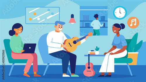 In a specialized music therapy room within a mental health facility a the and patient use music to explore and process the patients traumatic. Vector illustration