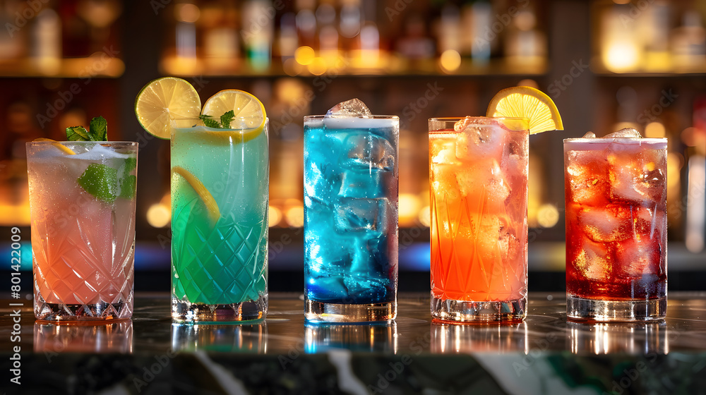 Vibrant Mixology Masterpieces.A Variety of Colorful, Ice-Cold Cocktails with Citrus Garnishes