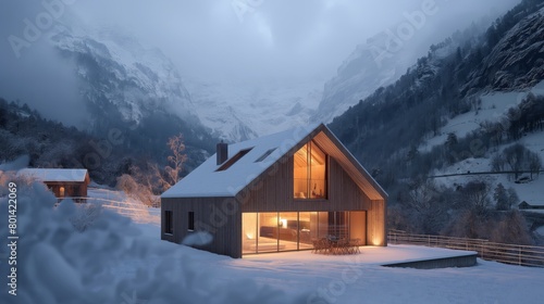 Sustainable house in the mountains. A winter scene showing a rustic house with a snowy backdrop. Mountains and trees are visible in the background, creating a serene, wintry landscape.