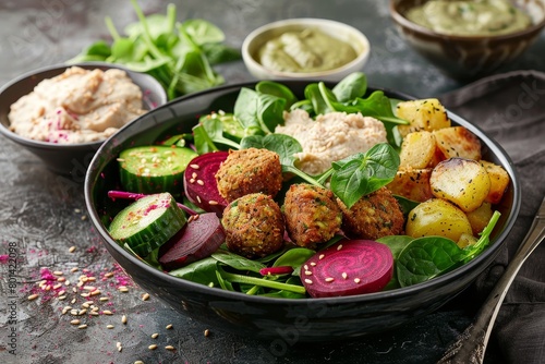 Cucumber and spinach salad with beetroot falafel, hummus and roast potatoes