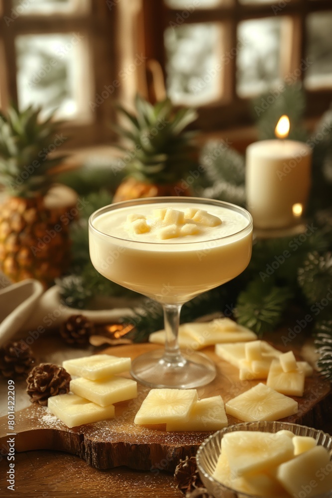 Glass of creamy yogurt with pineapple garnish in a cozy rustic setting with candlelight glow