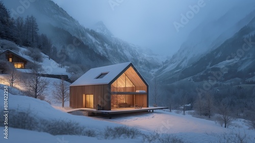 Sustainable house in the mountains. A winter scene showing a rustic house with a snowy backdrop. Mountains and trees are visible in the background, creating a serene, wintry landscape.