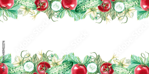 Rectangular frame with red ripe tomato and cucumber in watercolor illustration on a white background. Hand drawn illustration of cucumber and tomato frame for cookbooks, recipes and natural products.