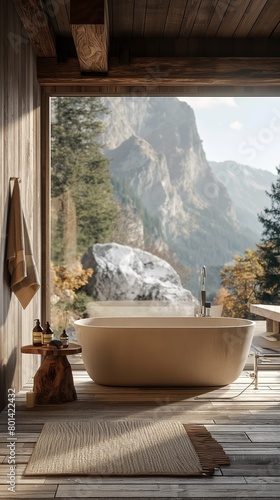 A cozy wooden interior featuring an assortment of toiletries on a counter. The counter has a textured  rugged surface  the rustic mountain surroundings  with light filtering in through the window