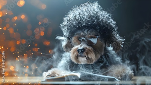 Smart dog in glasses with curly black wig studying for school. Concept Funny Pets, Back to School, Smart Animals, Dog Fashion, Clever Canines photo