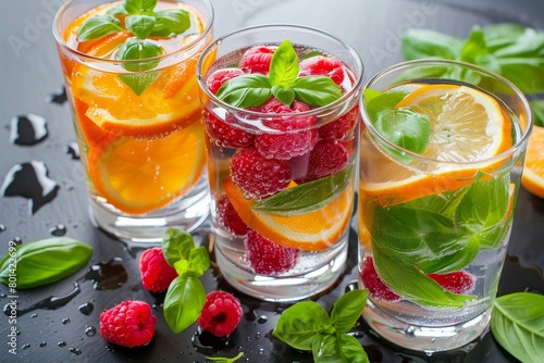Flavored waters with orange, raspberry and basil
