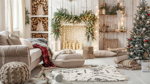 Brightly lit living room interior with sofa, coffee table, rug, pillows, and Christmas tree decorated with lights and ornaments in the background.