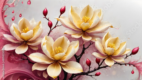 Yellow magnolia flowers with drops of water on a branch during rain in the garden in spring. illustration 