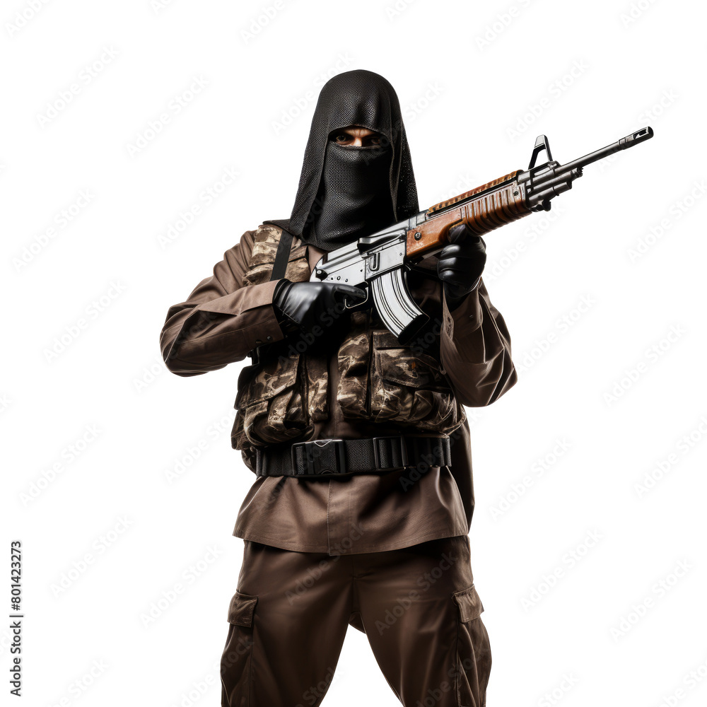 Terrorist holding Russian automatic machine assault rifle isolated on transparent background PNG cut out clipart. Terrorist holding Russian automatic machine assault rifle isolated on transparent background PNG cut out clipart.