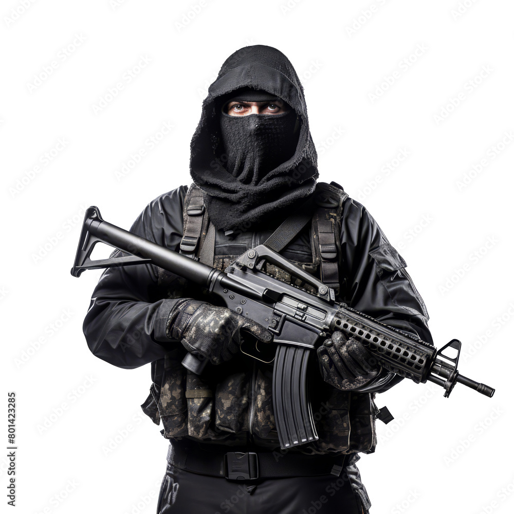 Terrorist holding Russian automatic machine assault rifle. Masked special forces operative in tactical gear holding a rifle Terrorist holding Russian automatic machine assault rifle. Masked special forces operative in tactical gear holding a rifle