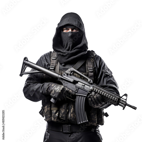 Terrorist holding Russian Kalashnikov automatic machine assault rifle AK 47 isolated on transparent background PNG cut out clipart.