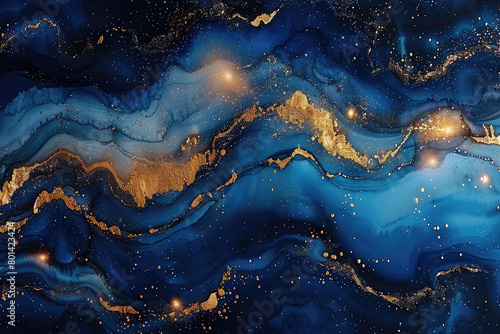 Abstract blue and gold marble background. Created with AI