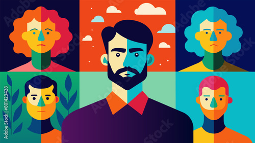 A series of selfportraits each one representing a different aspect of the artists personal journey with bipolar disorder.. Vector illustration