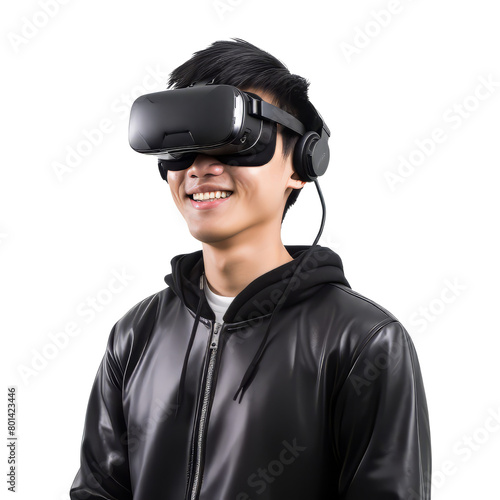 Portrait of a person wearing a VR glasses on isolated transparent background PNG cut out clipart. © Shutter2U