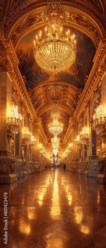 A long hallway with gold chandeliers hanging from the ceiling
