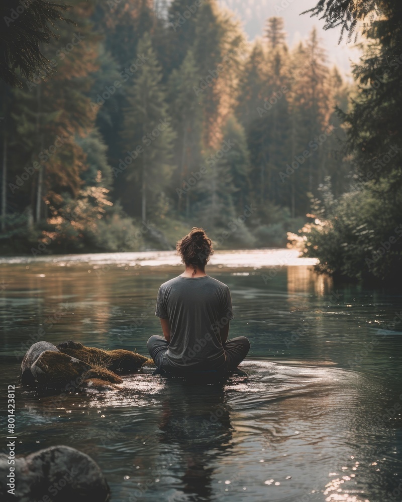 A person is sitting in a river, looking at the water