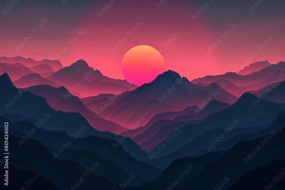 Radiant sunset gradients behind serene geometric landscapes