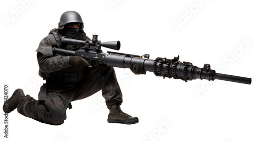 Man with heavy gun weapon isolated on transparent background PNG cut out.