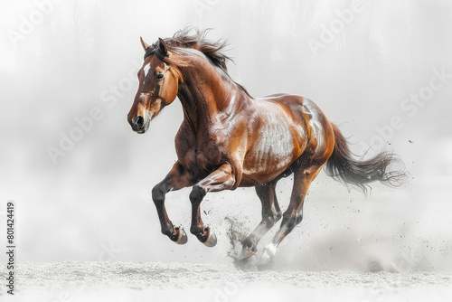 Beautiful brown horse running in the field, watercolor illustration clip art set, detailed, neutral background. Created with Ai