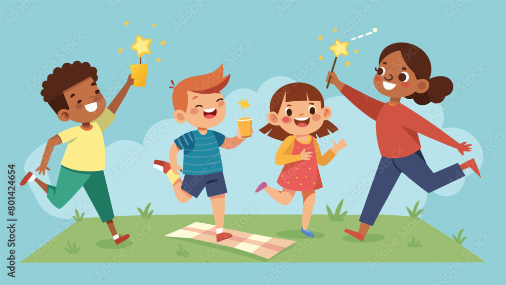 Kids running around with sparklers in hand their laughter filling the air as adults relax on the picnic blankets and catch up with each other.. Vector illustration