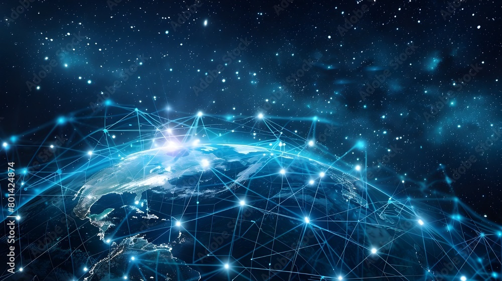 Awe-inspiring cosmic view of Earth, encircled by digital network of communication network Awe-inspiring cosmic view of Earth, encircled by digital network of communication network