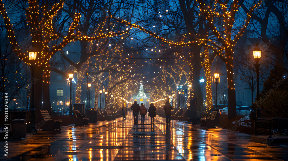 Twilight Stroll in a Winter Park.Reflective Wet Pathway Lined by Trees and Lampposts, Tranquil Blue Lights Illuminate the Night Twilight Stroll in a Winter Park.Reflective Wet Pathway Lined by Trees and Lampposts, Tranquil Blue Lights Illuminate the Night