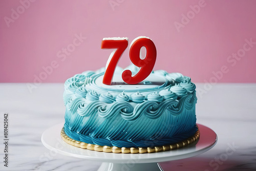 Birthday cake with number 70 against soft pink background photo