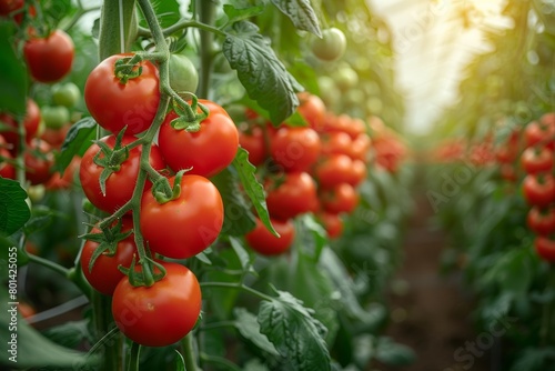 Bumper crop  ripe tomatoes hang abundantly in the greenhouse