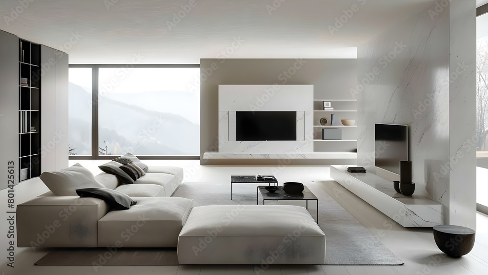 Minimalist living room with sleek furniture and neutral color palette embodying modern design . Concept Modern Design, Minimalist Living, Sleek Furniture, Neutral Color Palette
