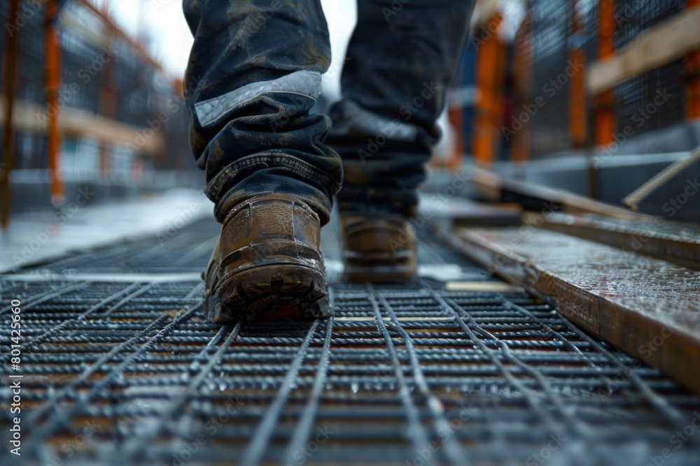 Close up of worker walking on metal platform at construction site Close up of worker walking on metal platform at construction site