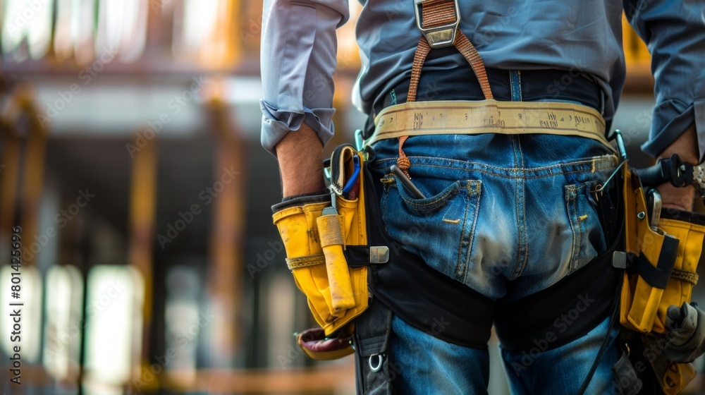 Worker Wearing Tool Belt at Construction Site Worker Wearing Tool Belt at Construction Site