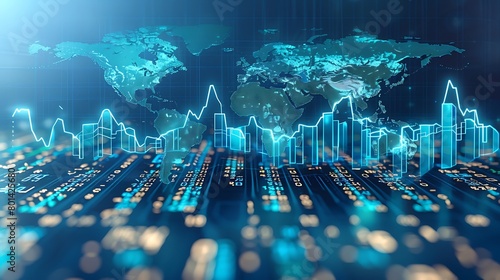 Wallpaper Mural An abstract financial design featuring a world map in light blue tones, overlaid with a prominent upward green arrow crossing continents. Torontodigital.ca