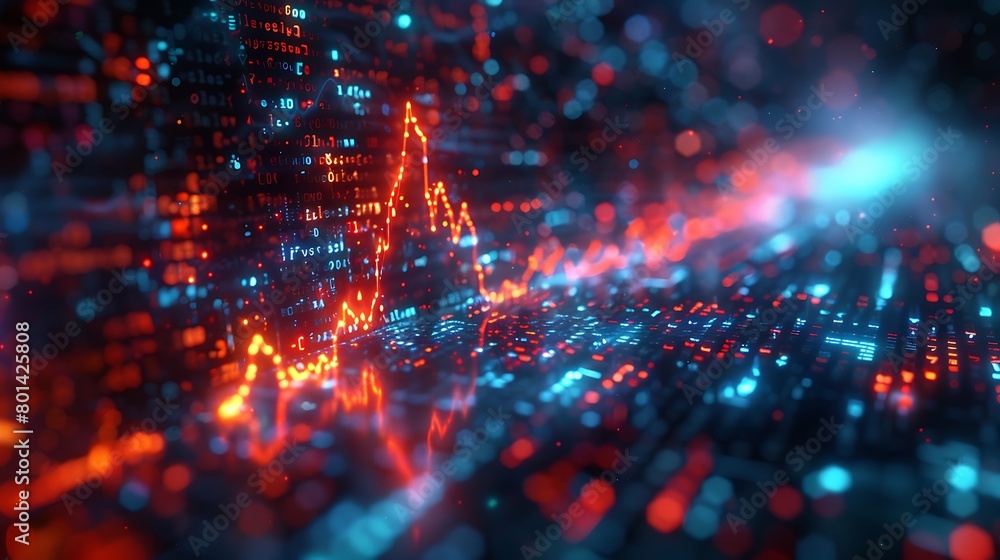Obraz premium An abstract financial display featuring a blue heartbeat monitor line that escalates into a sharp upward spike, transforming into a digital arrow amidst a sea of stock market numbers