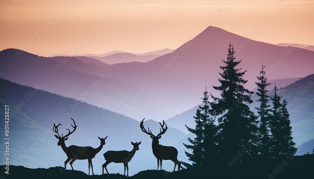 vector atmospheric landscape with silhouettes of mountains hills forest and two deers