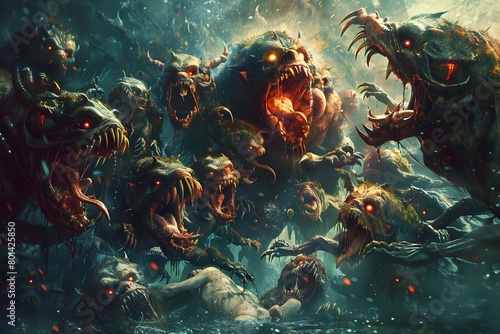 Horde of Malevolent Demonic Creatures Surrounding Hapless Victim in Chaotic Battle Scene with Dynamic Lighting and Dramatic Angle Inspired by the