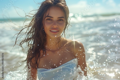 Beautiful woman with long wet hair, wearing a white strapless dress and smiling at the camera standing in crystal clear water on an exotic beach photo