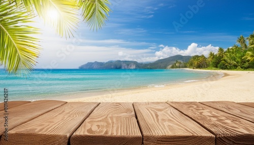 beach background with palm tree and empty wooden summer